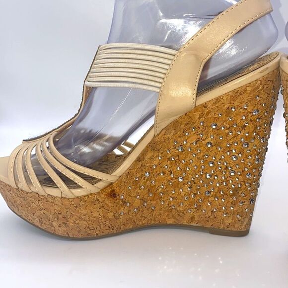 ✨ Italina Cream & Brown Embellished Wedge Sandals with Cork Platform✨GUC✨ - Picture 10 of 17
